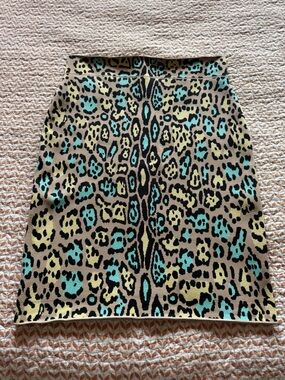 BCBGMaxAzria Teal and Tan Leopard-Print Pencil Skirt